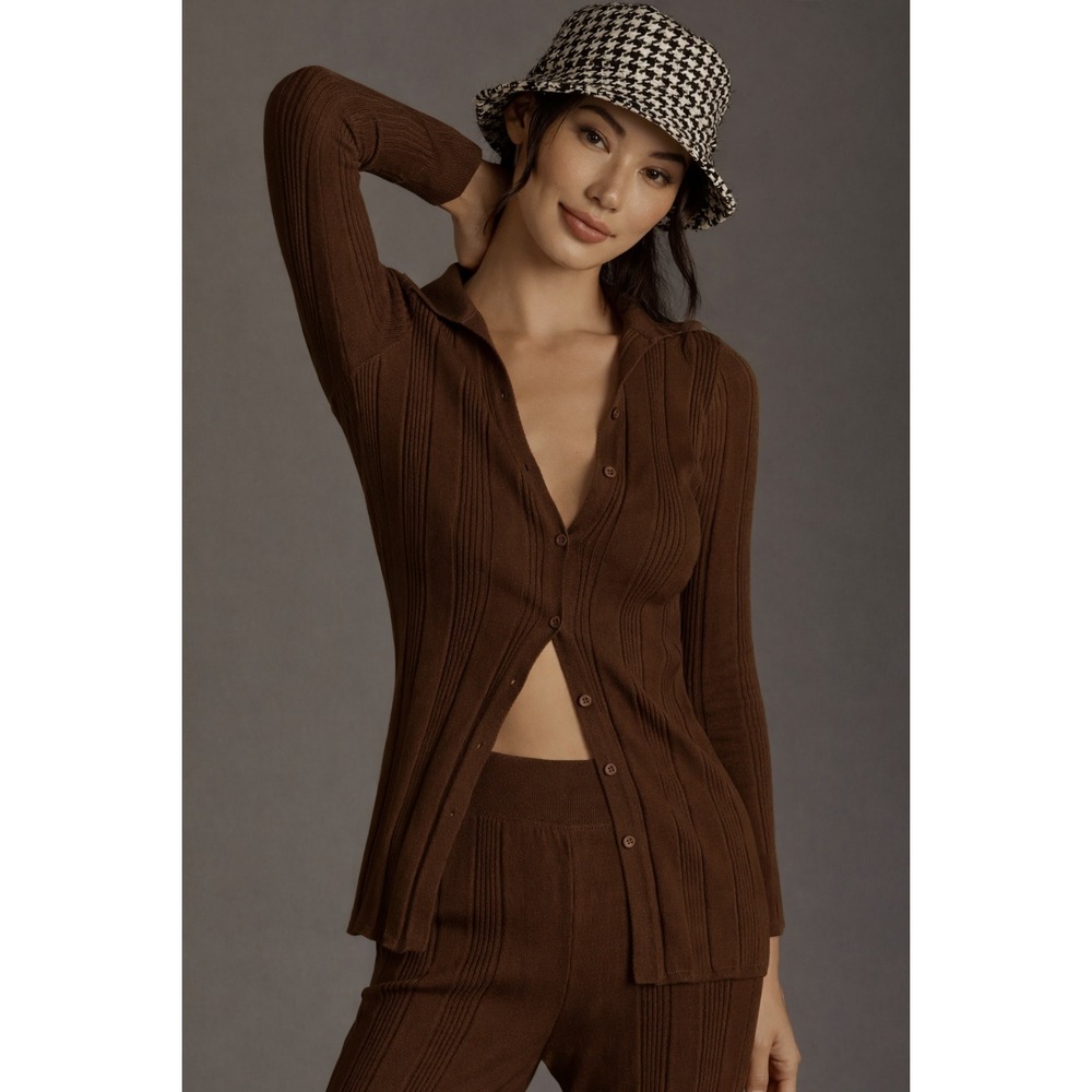 Daily Practice Anthropologie Ribbed Cardigan Sweater Brown Button Front Earthy
